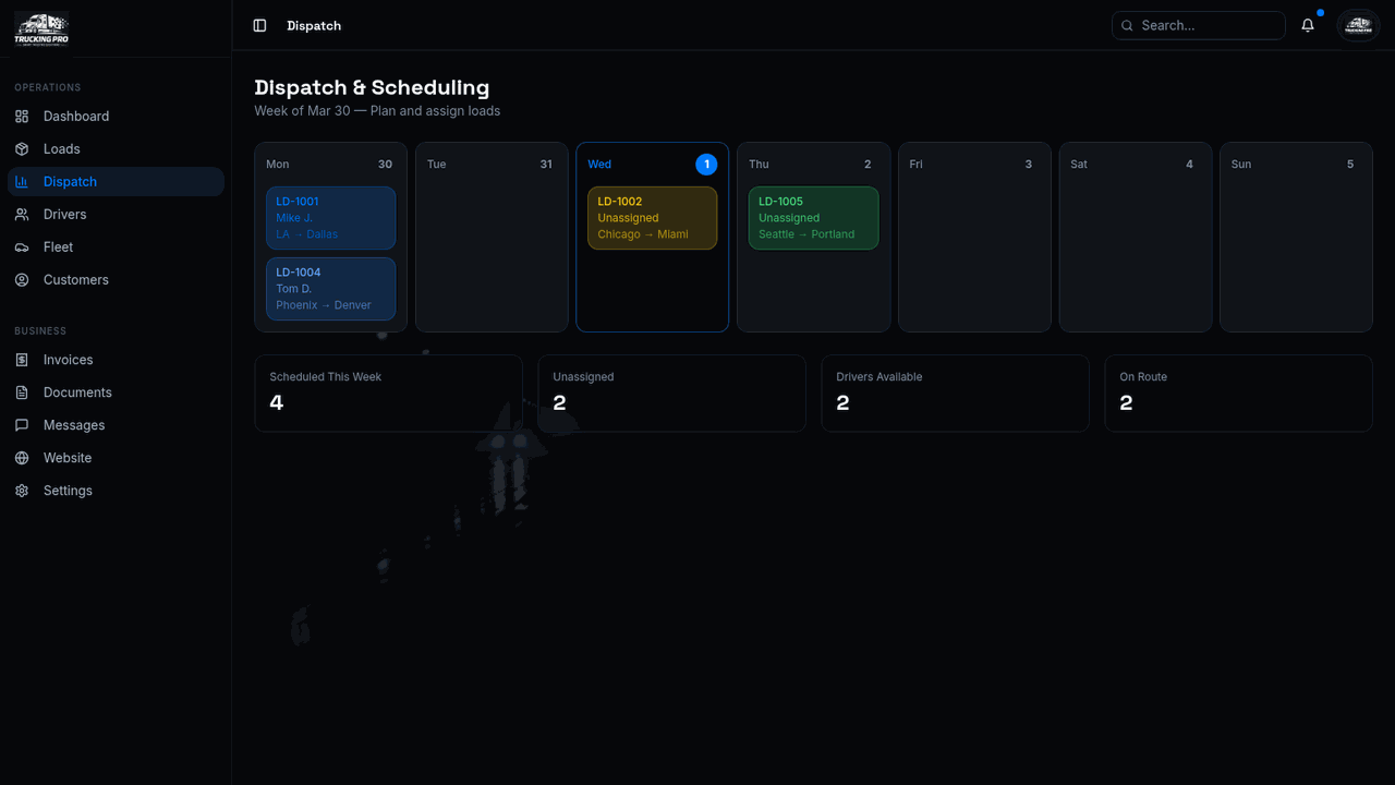Dispatch board with assigned loads