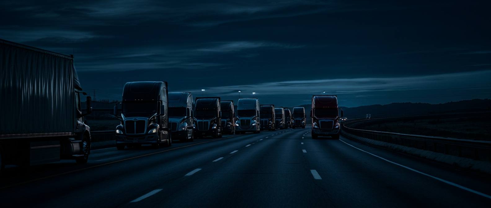 Fleet of trucks on American highway at sunset